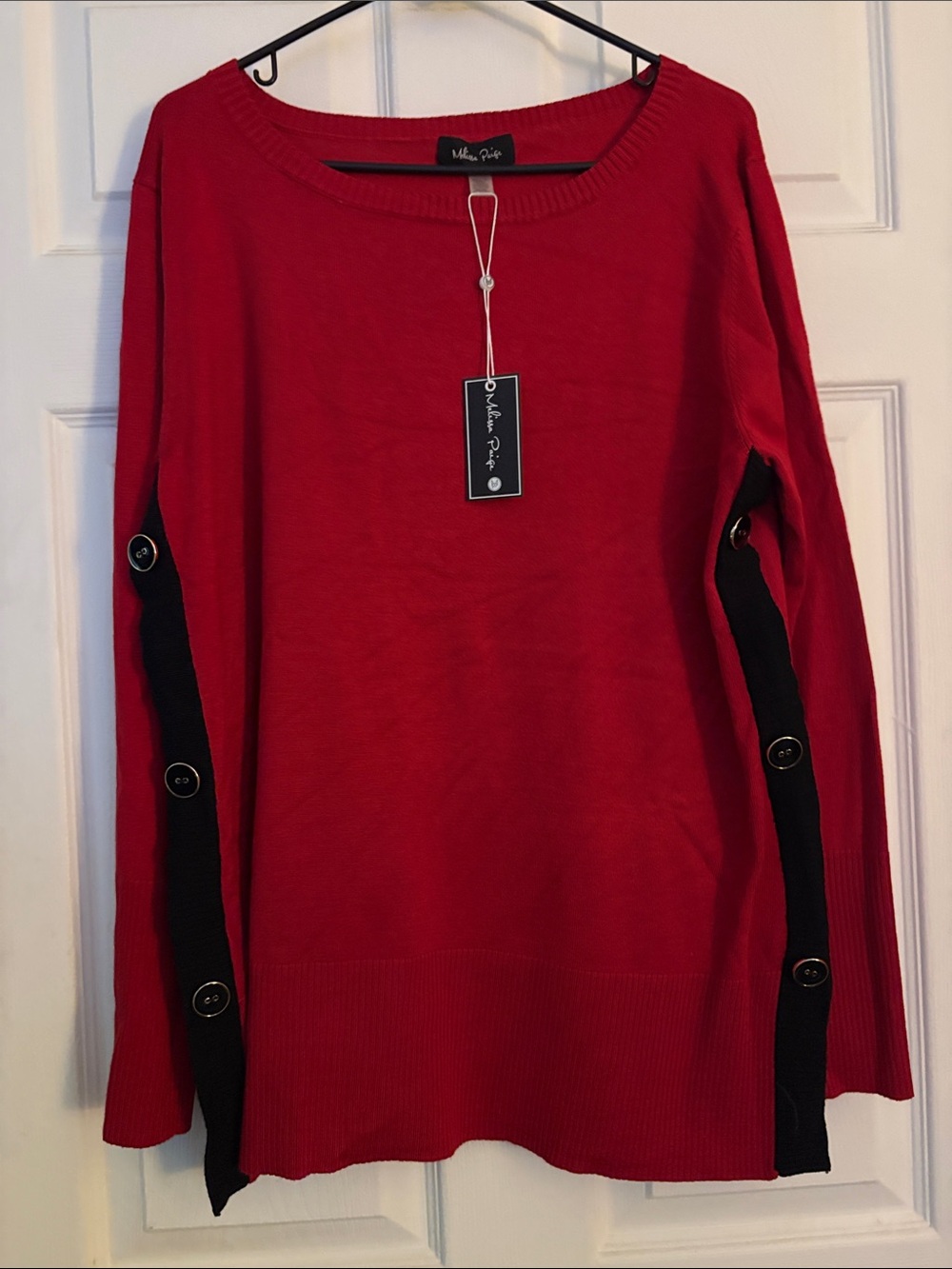 Melissa Paige Red Sweater with Black Button-Trim Panels